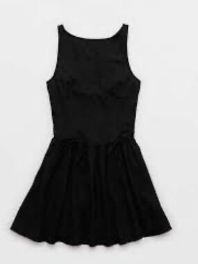 aerie Black Sleeveless Tie-Waist Mini Dress